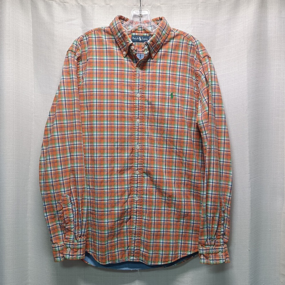 Ralph Lauren Mens Flannel Shirt XL Orange Plaid Lined Logo Button Shacket Jacket - Picture 5 of 8